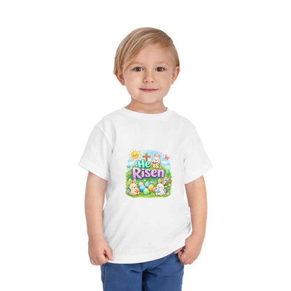 He Is Risen Toddler Tee with Easter bunny and cross design for kids