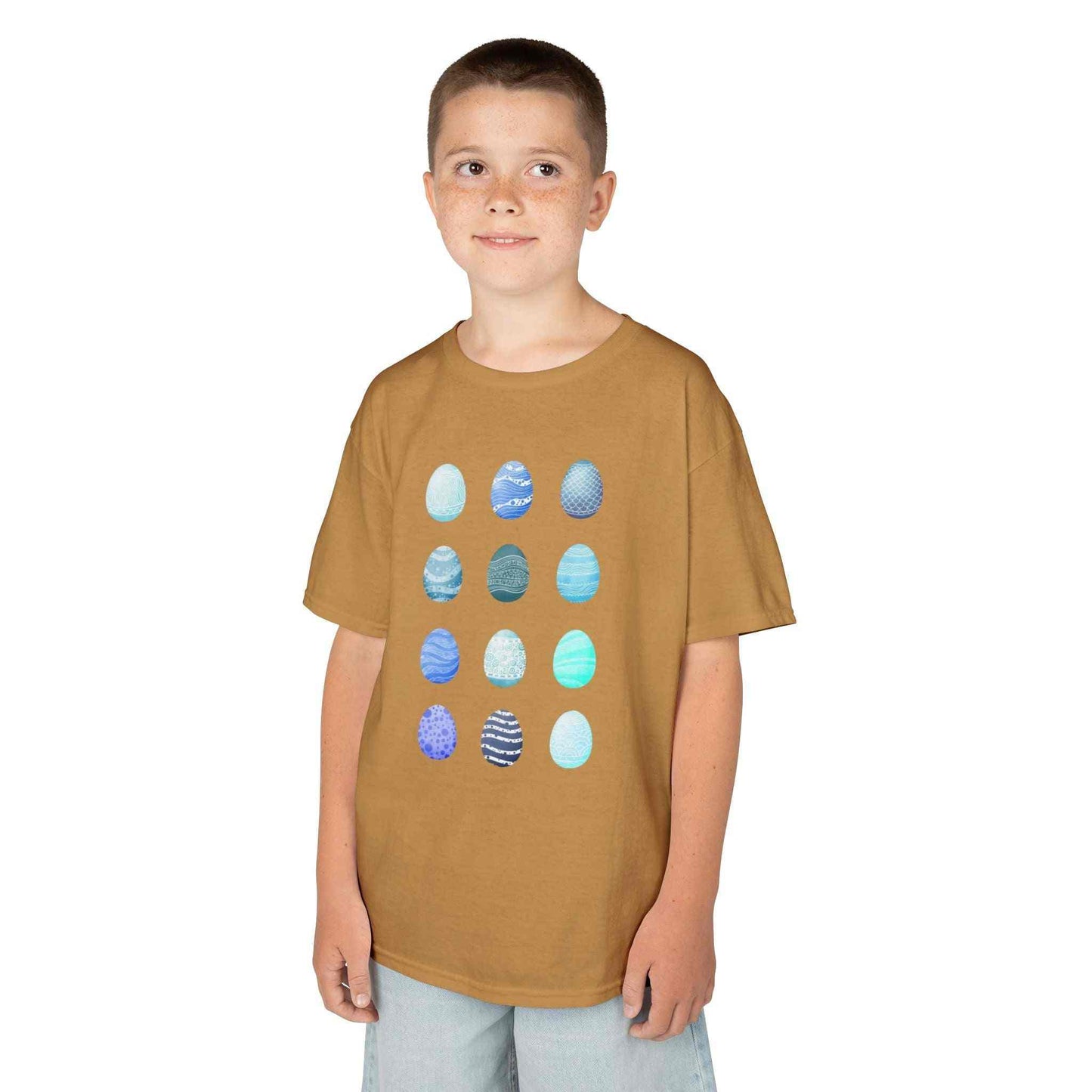 Kids tee with blue watercolor egg pattern on white cotton fabric