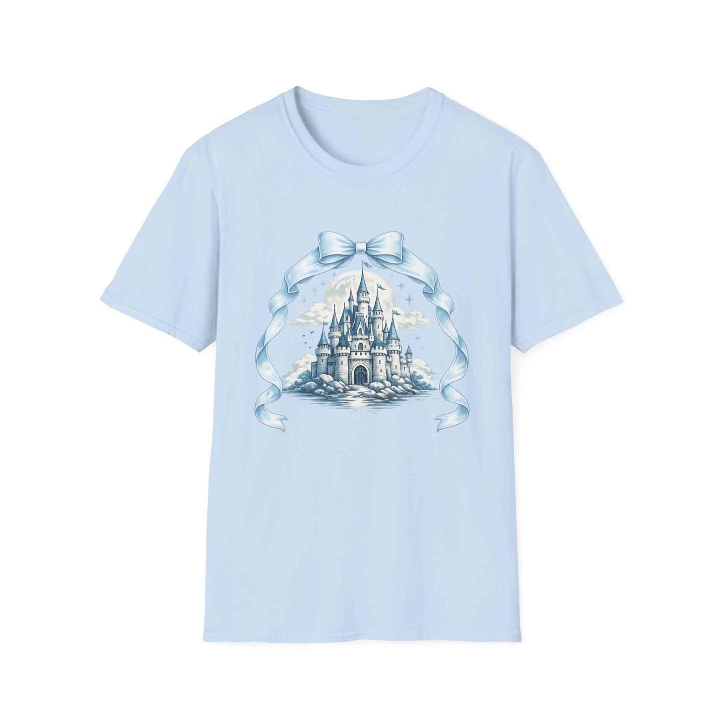 Blue Ribbon Castle Illustration T-Shirt with storybook castle and ribbon design on soft blue fabric
