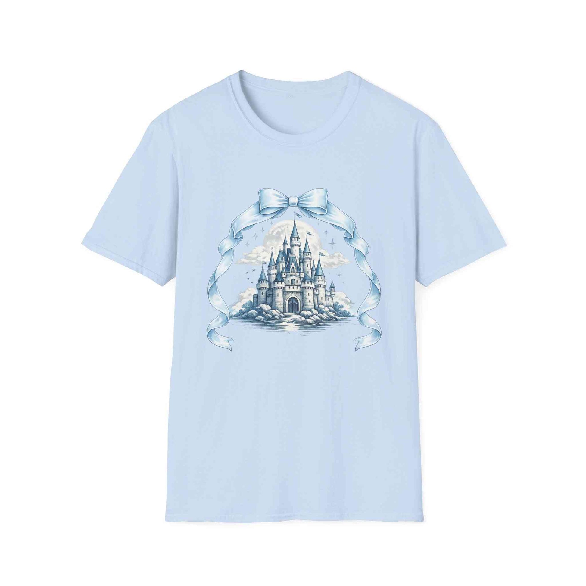 Blue Ribbon Castle Illustration T-Shirt with storybook castle and ribbon design on soft blue fabric