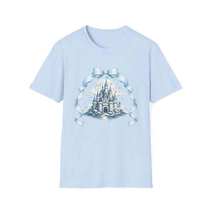 Blue Ribbon Castle Illustration T-Shirt with storybook castle and ribbon design on soft blue fabric