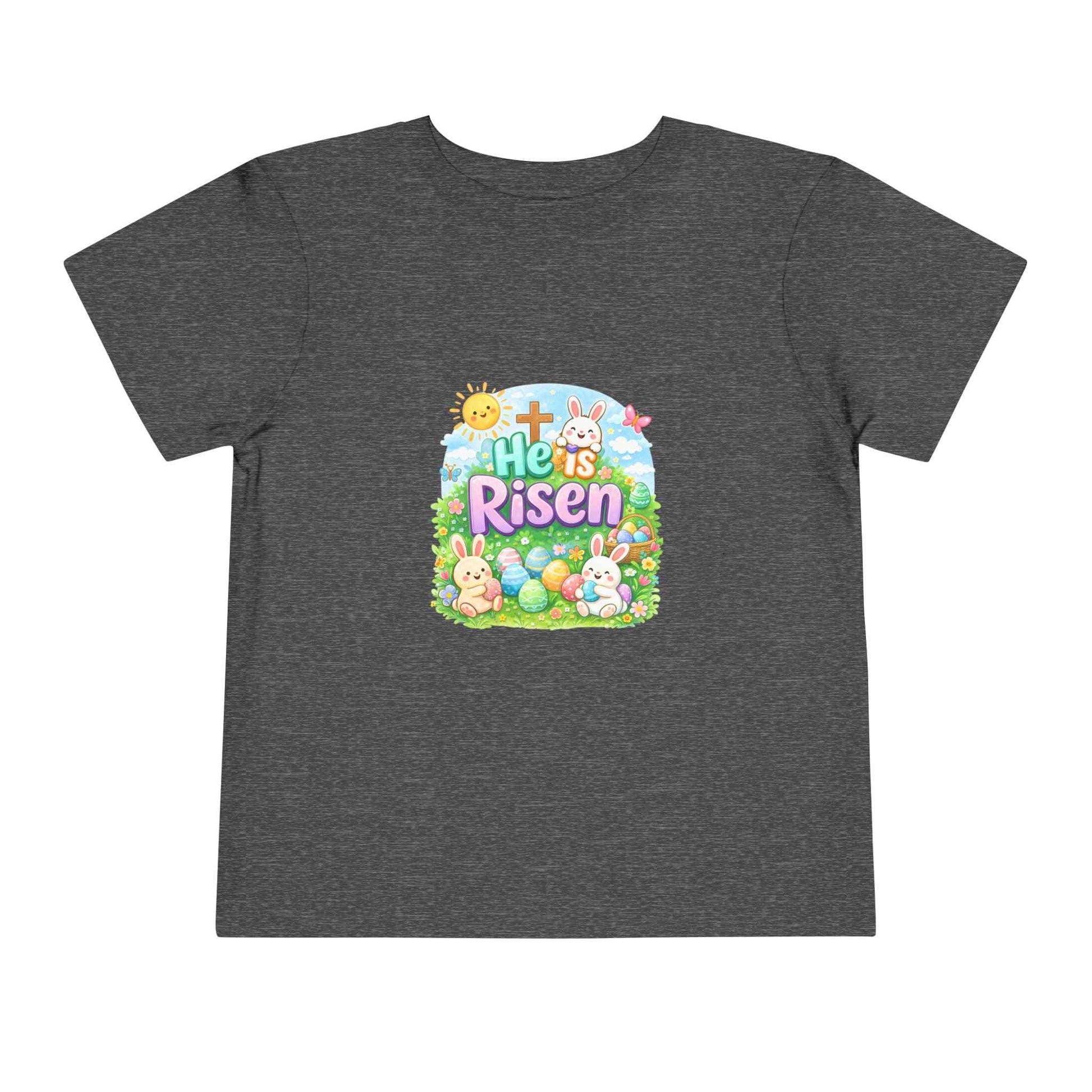 He Is Risen toddler tee with Easter bunny and cross design on soft pastel kids shirt