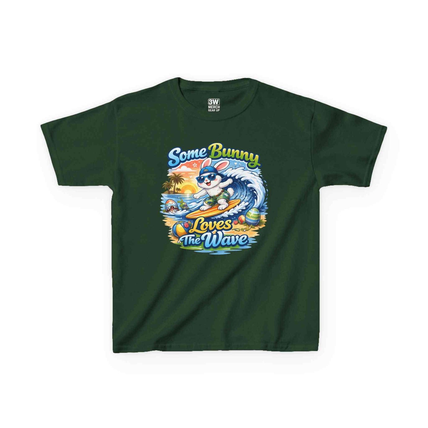 Youth boy’s T-shirt with pastel surfing bunny and Easter eggs, "Some Bunny Loves The Wave" design for Easter and spring events