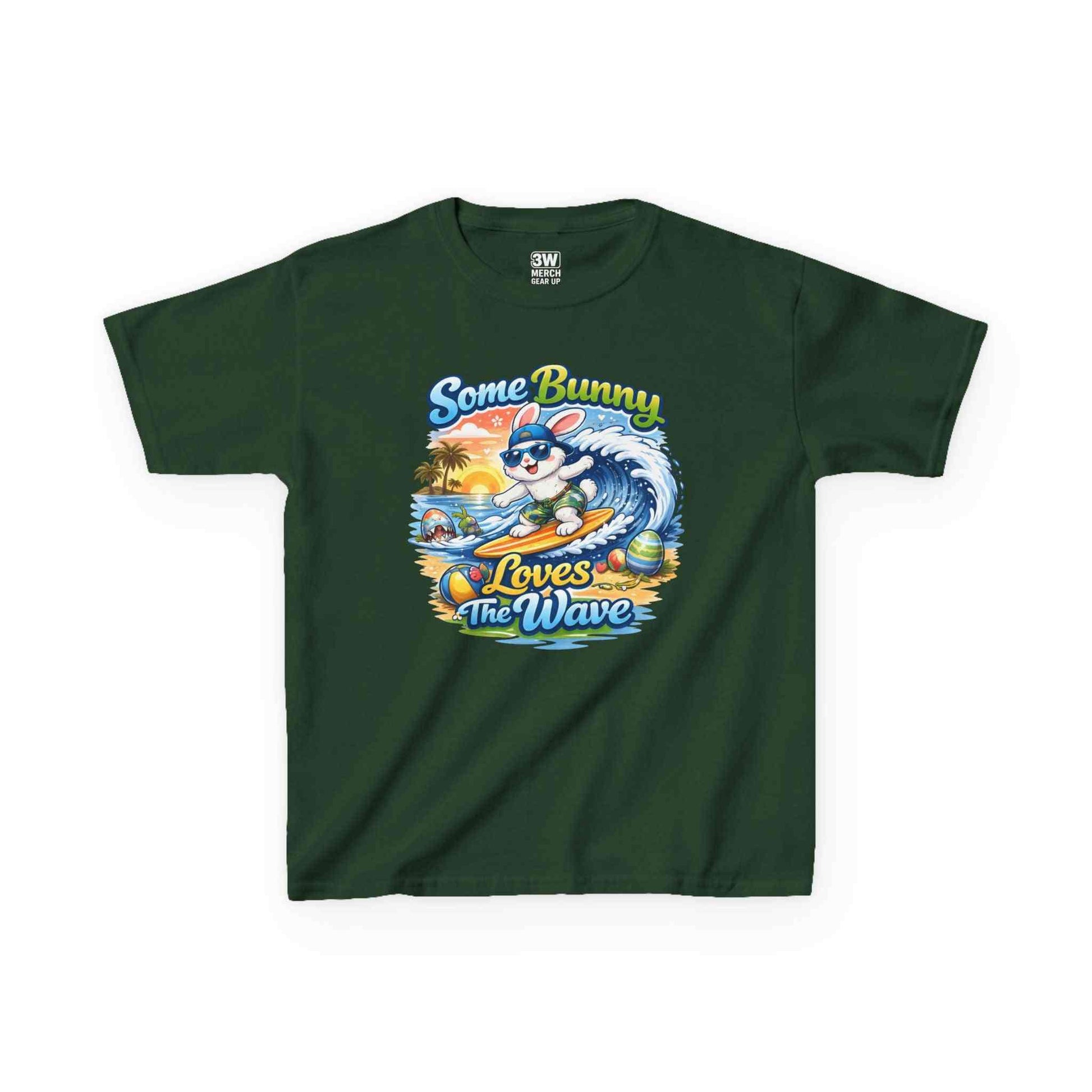 Youth boy’s T-shirt with pastel surfing bunny and Easter eggs, "Some Bunny Loves The Wave" design for Easter and spring events