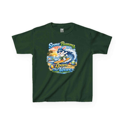 Youth boy’s T-shirt with pastel surfing bunny and Easter eggs, "Some Bunny Loves The Wave" design for Easter and spring events