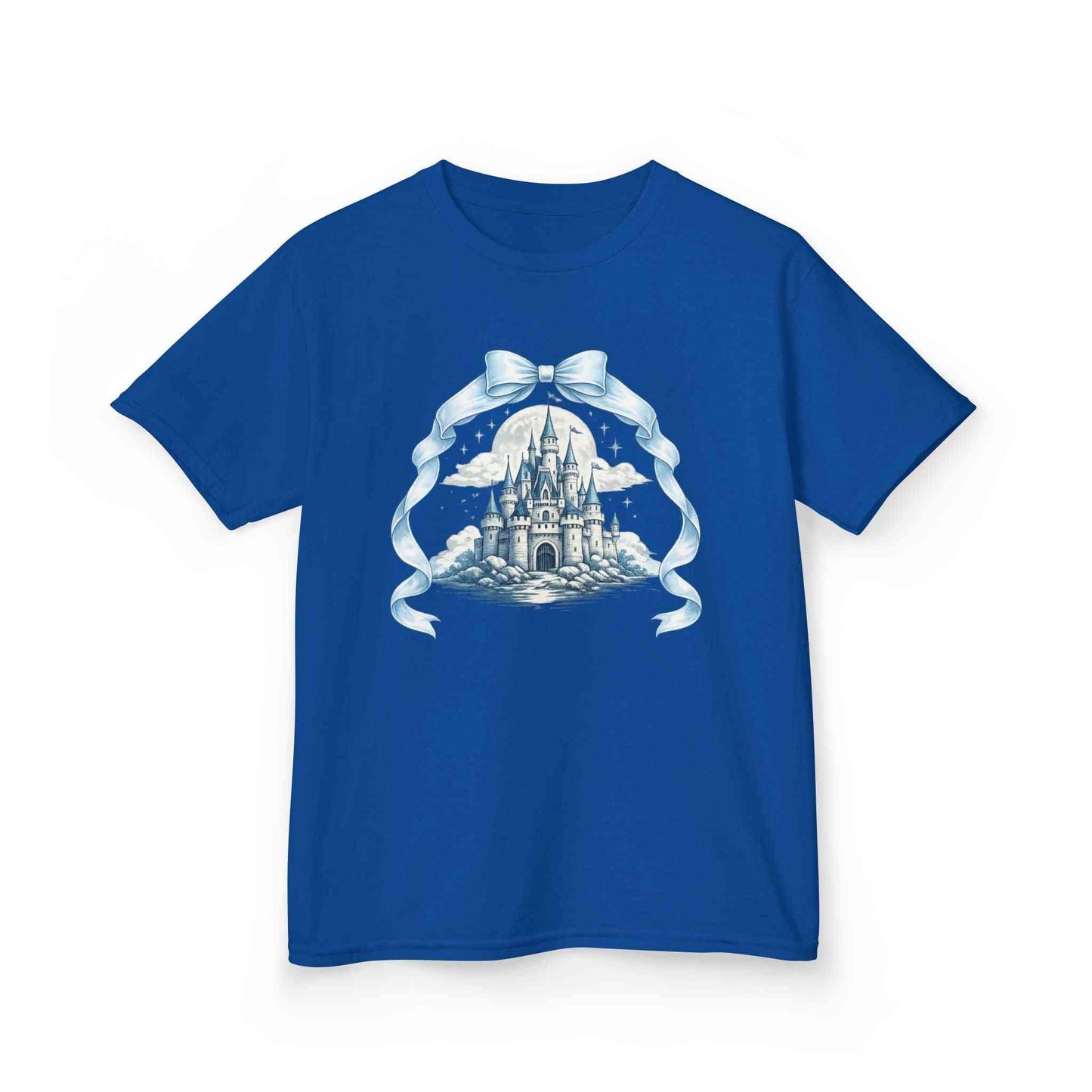 Blue Kids Castle T-shirt for children with whimsical fairytale design, soft cotton fabric