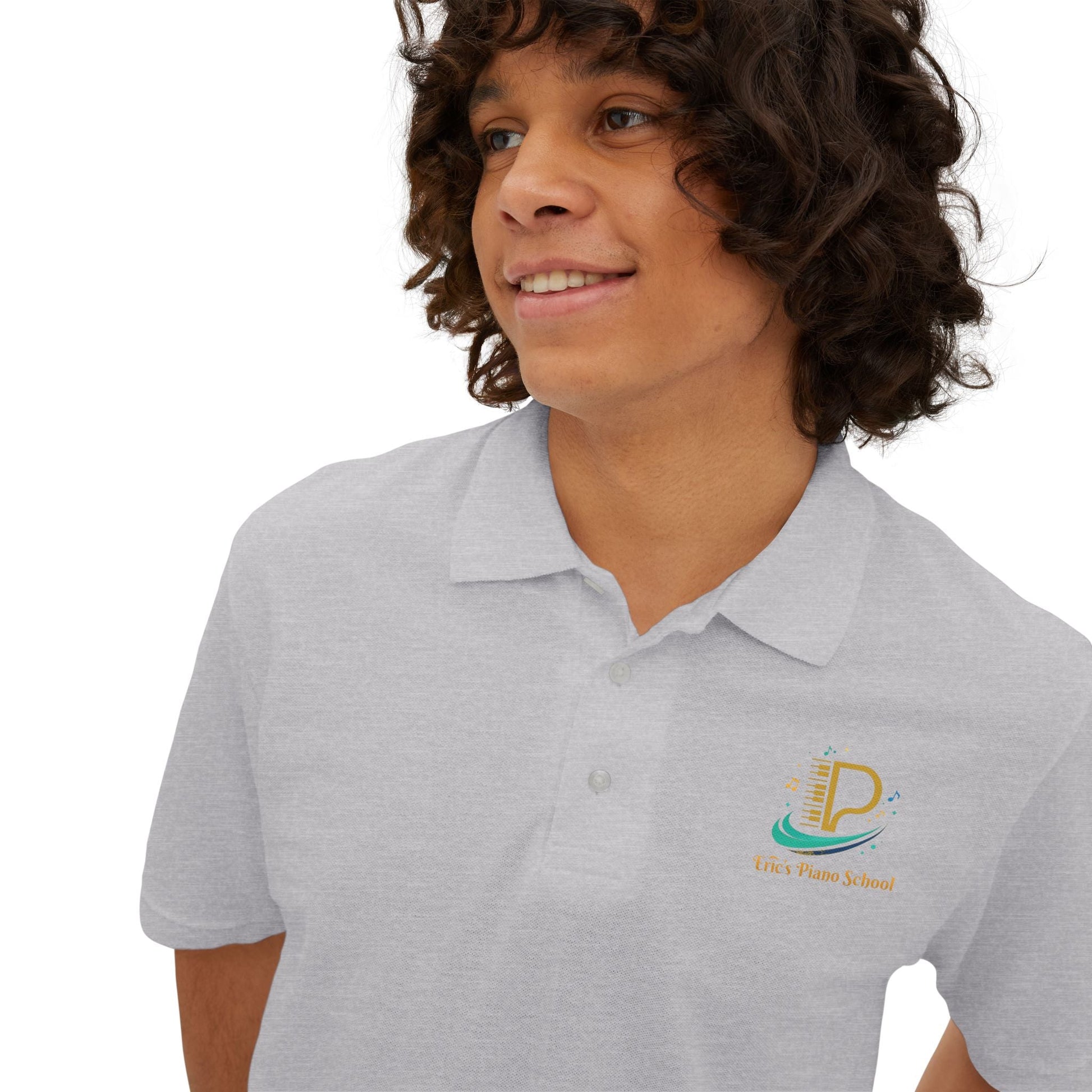Men's custom piqué polo shirt with Coastal Coffee logo, light breathable fabric, and classic fit