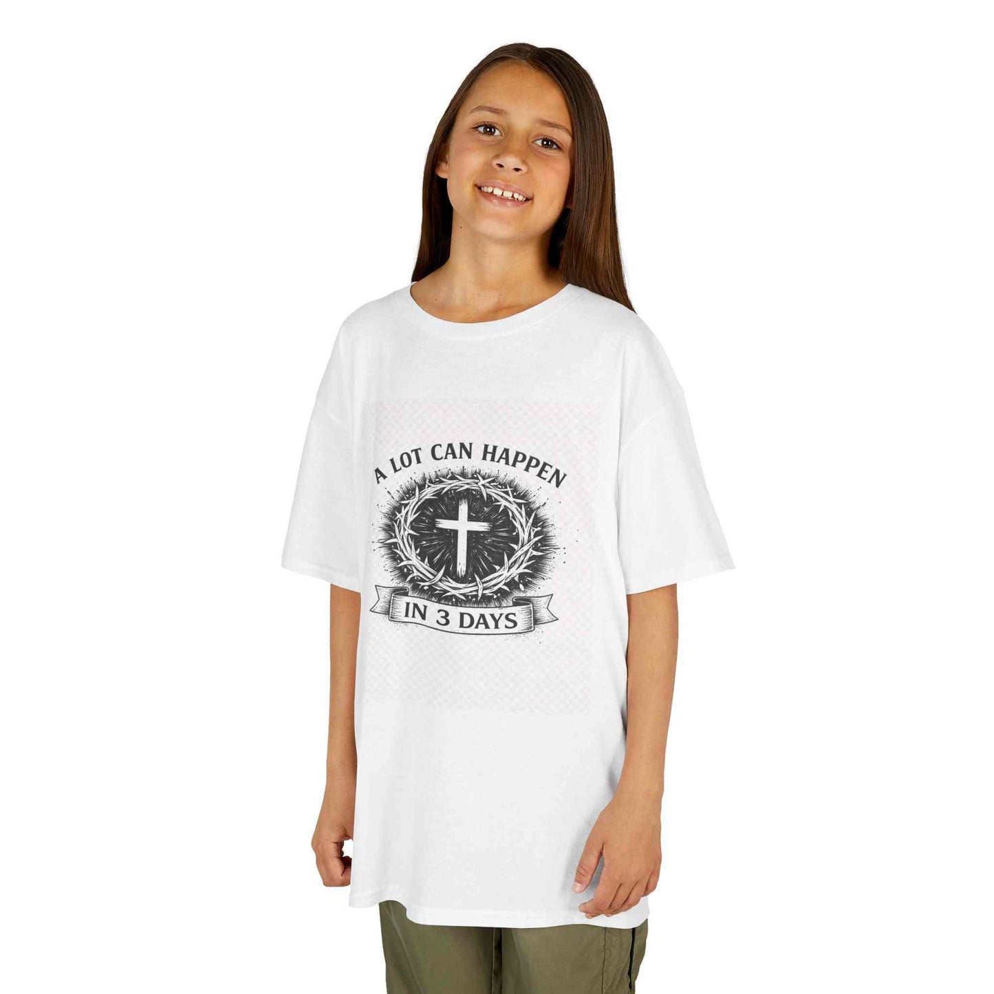 Kids Tee with vintage cross and "A Lot Can Happen in 3 Days" design on soft breathable cotton