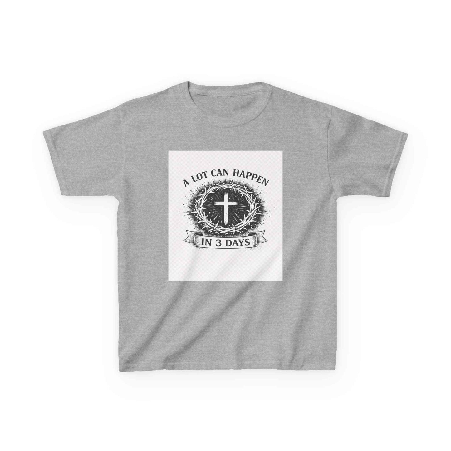 Kids tee with vintage cross and "A Lot Can Happen in 3 Days" faith design on soft cotton fabric