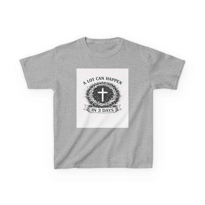 Kids tee with vintage cross and "A Lot Can Happen in 3 Days" faith design on soft cotton fabric