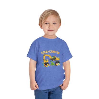 Toddler Easter shirt with cute excavator digging colorful eggs design Eggs-cavator Toddler Tee