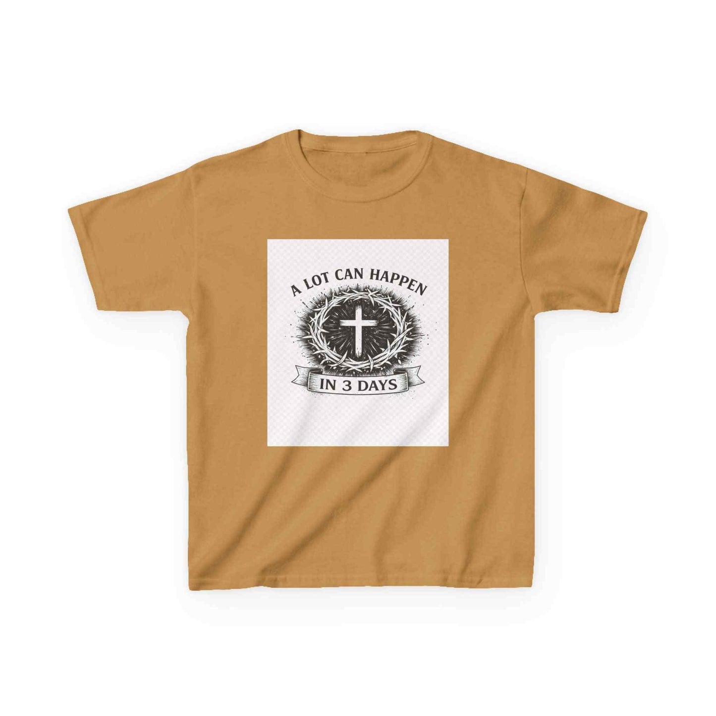 Kids Kids Tee with vintage cross and "A Lot Can Happen in 3 Days" faith design on soft midweight cotton
