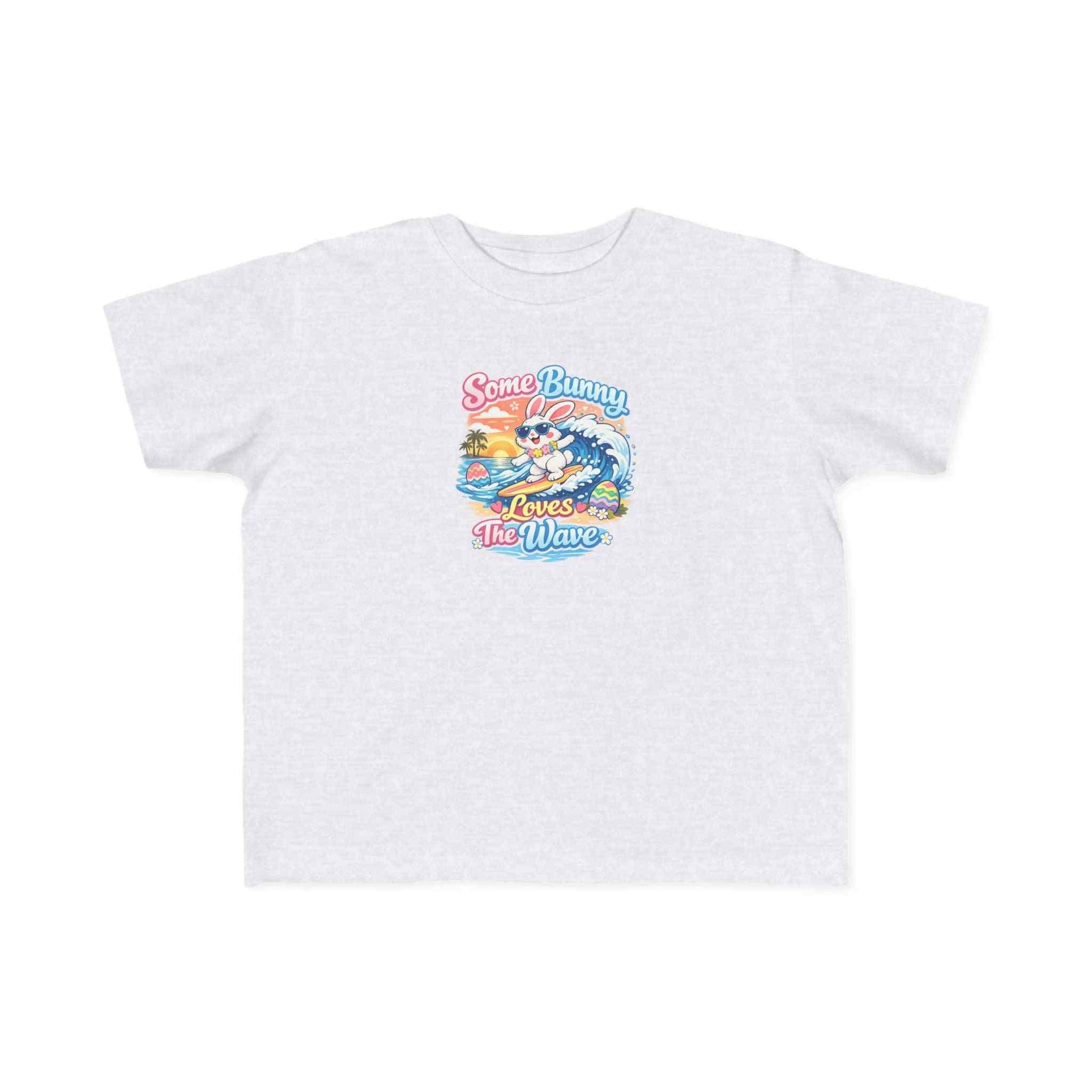 Youth girl Easter T-shirt with surfing bunny and pastel eggs saying Some Bunny Loves The Wave