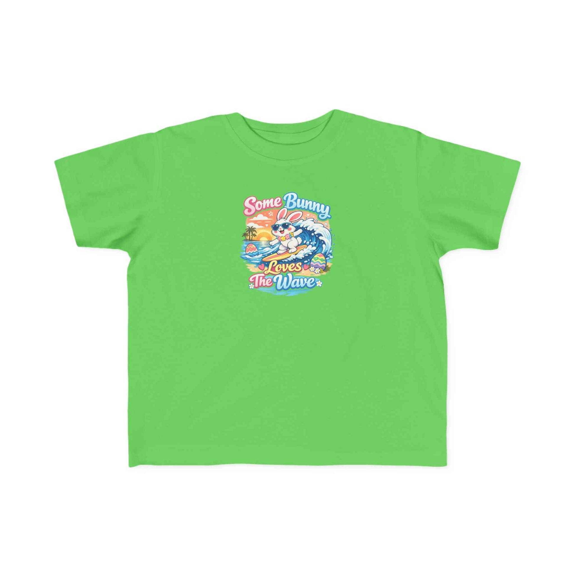 Youth girl Easter T-shirt featuring surfing bunny and pastel wave design, "Some Bunny Loves The Wave" theme