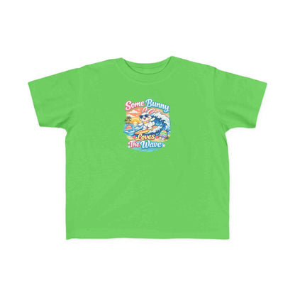 Youth girl Easter T-shirt featuring surfing bunny and pastel wave design, "Some Bunny Loves The Wave" theme