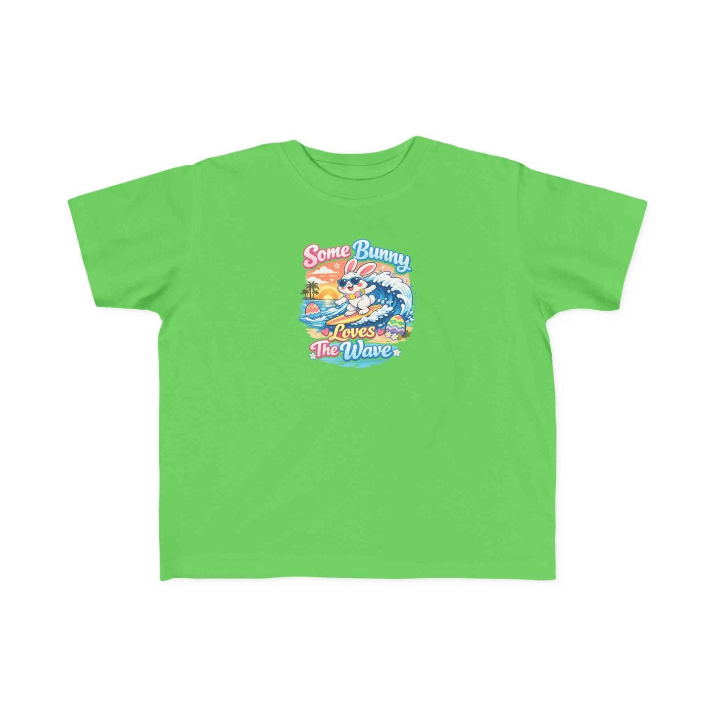 Colorful Easter T-shirt featuring a cute surfing bunny with pastel eggs and sunset waves, perfect for school and beach celebrations.