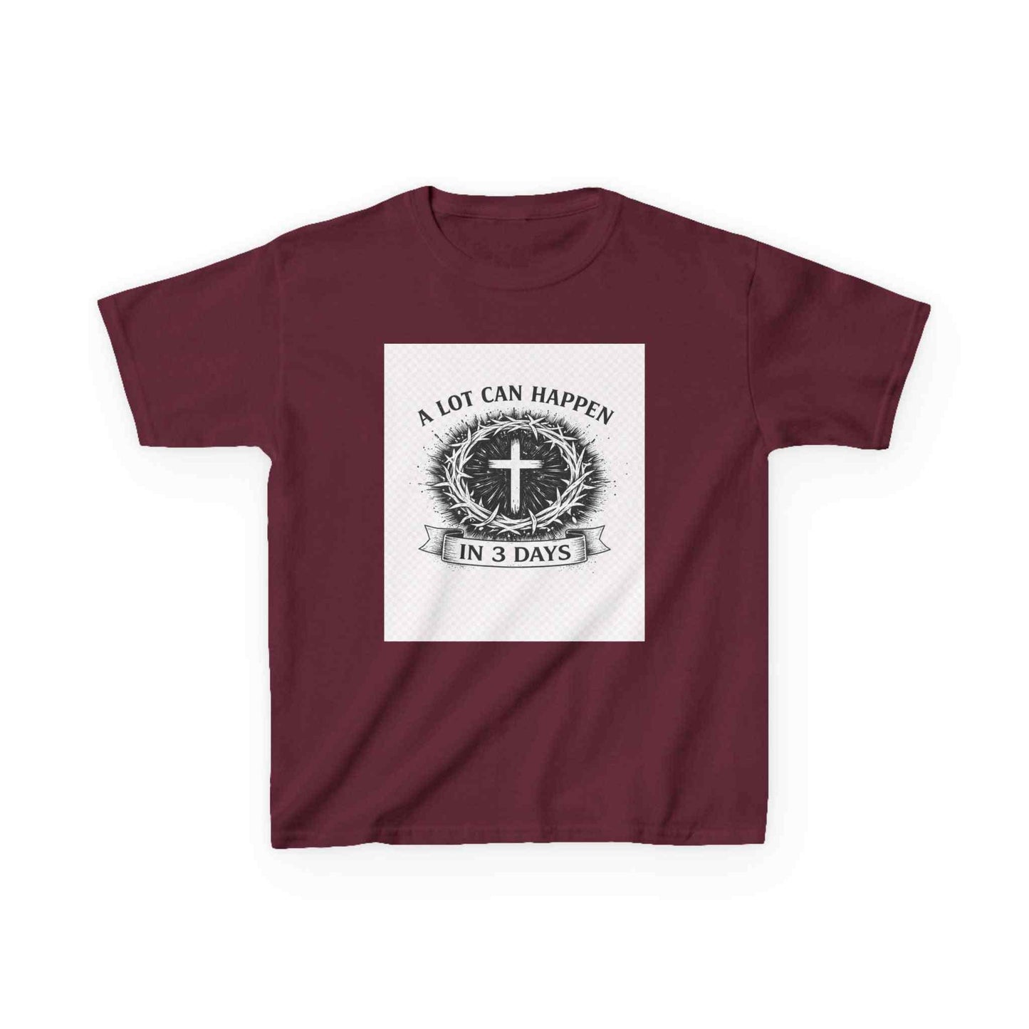 Kids tee with vintage Christian cross and "A Lot Can Happen in 3 Days" design on soft cotton shirt