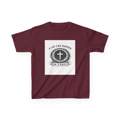 Kids tee with vintage Christian cross and "A Lot Can Happen in 3 Days" design on soft cotton shirt