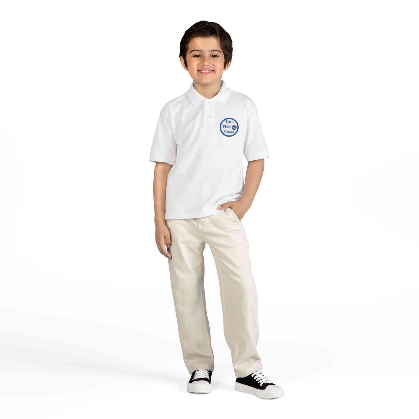 Eric's Piano School youth polo shirt in DryBlend fabric with contoured collar and logo
