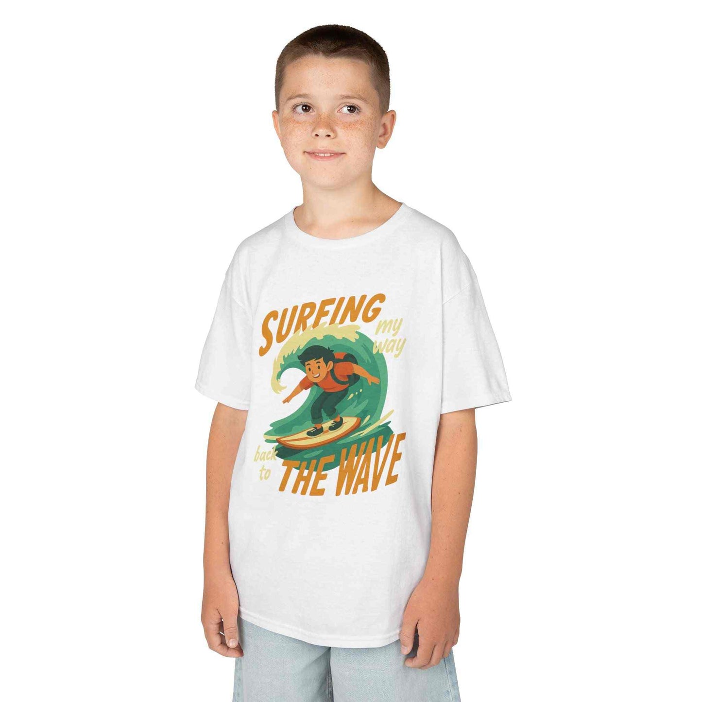 Kids Surfing The Wave T-Shirt with retro surfer graphic and vibrant colors on soft cotton fabric