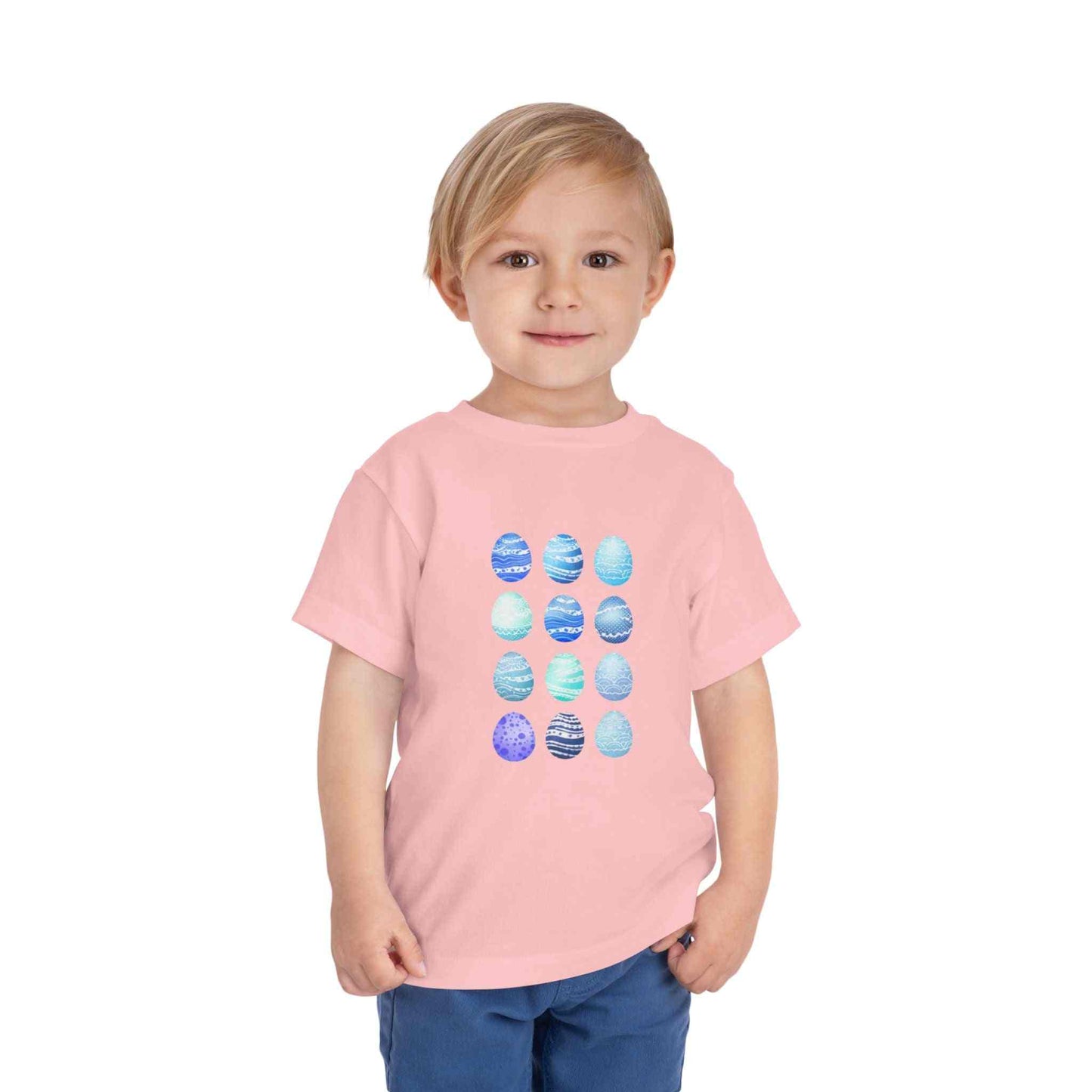 Blue toddler tee with watercolor Easter eggs graphic for boys