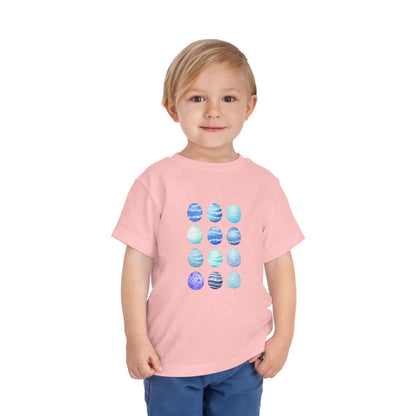Blue toddler tee with watercolor Easter eggs graphic for boys