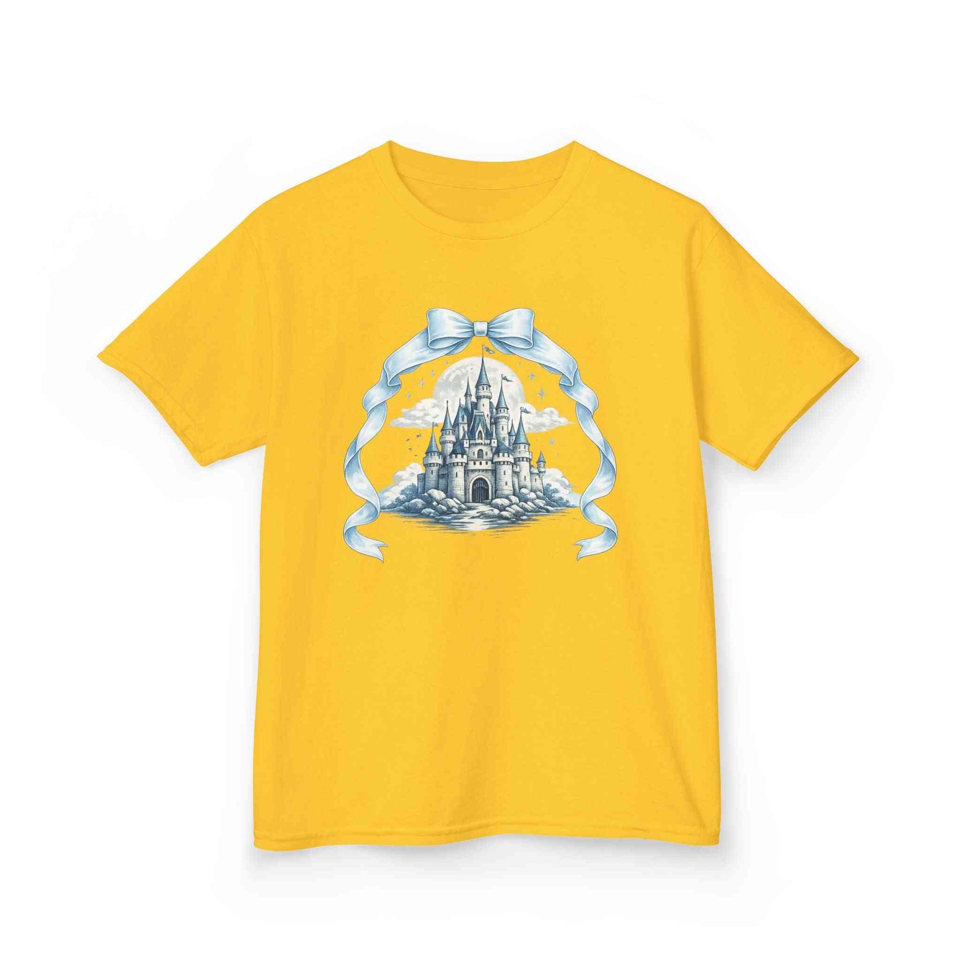 Blue Kids Castle T-shirt with whimsical fairytale design for children