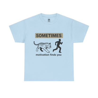 Funny Motivation T-Shirt – “Sometimes Motivation Finds You” Tiger Chase Running Tee for Fitness & Gym Lovers