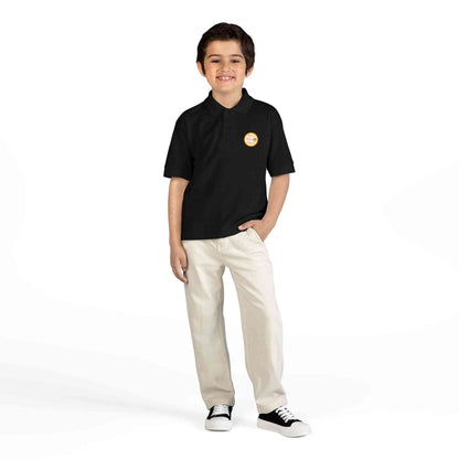 Youth polo shirt with Eric's Piano School gold logo, moisture-wicking fabric for kids' music lessons