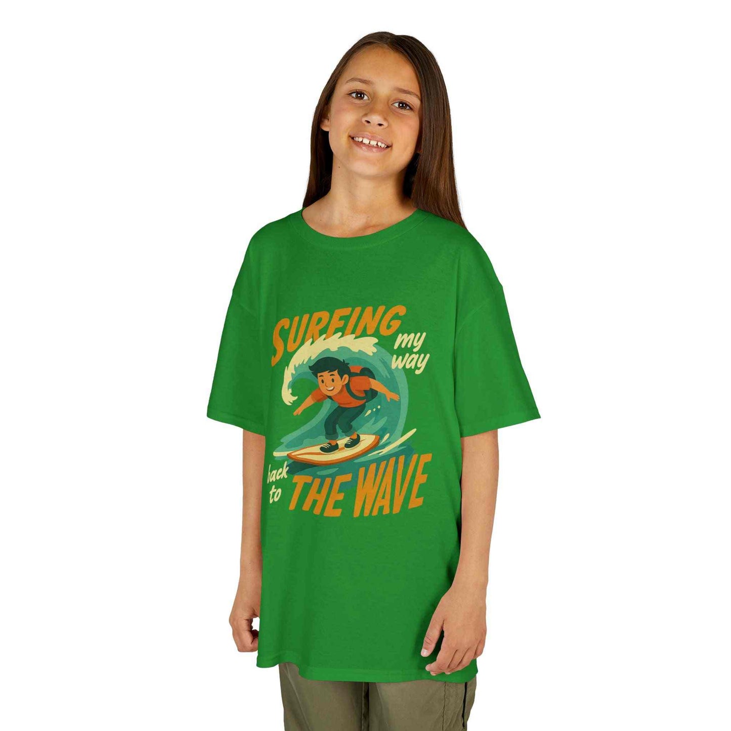 Kids wearing Surfing The Wave Kids T-Shirt with retro surfer graphic and vibrant beach design