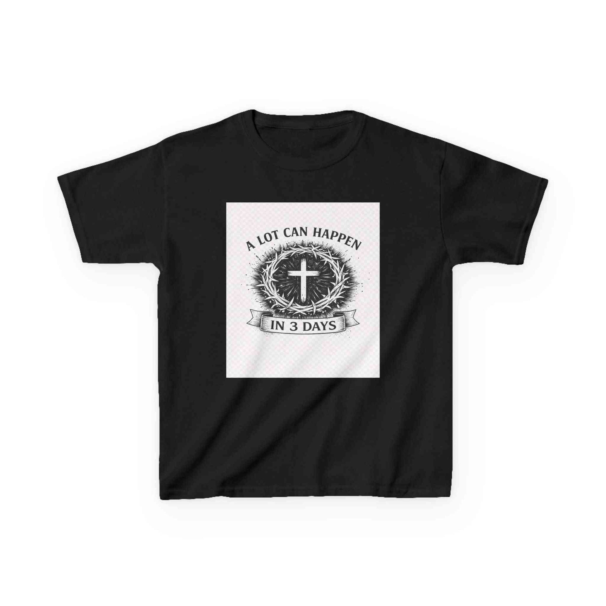 Kids Tee with vintage Christian cross and "A Lot Can Happen in 3 Days" design on soft breathable cotton