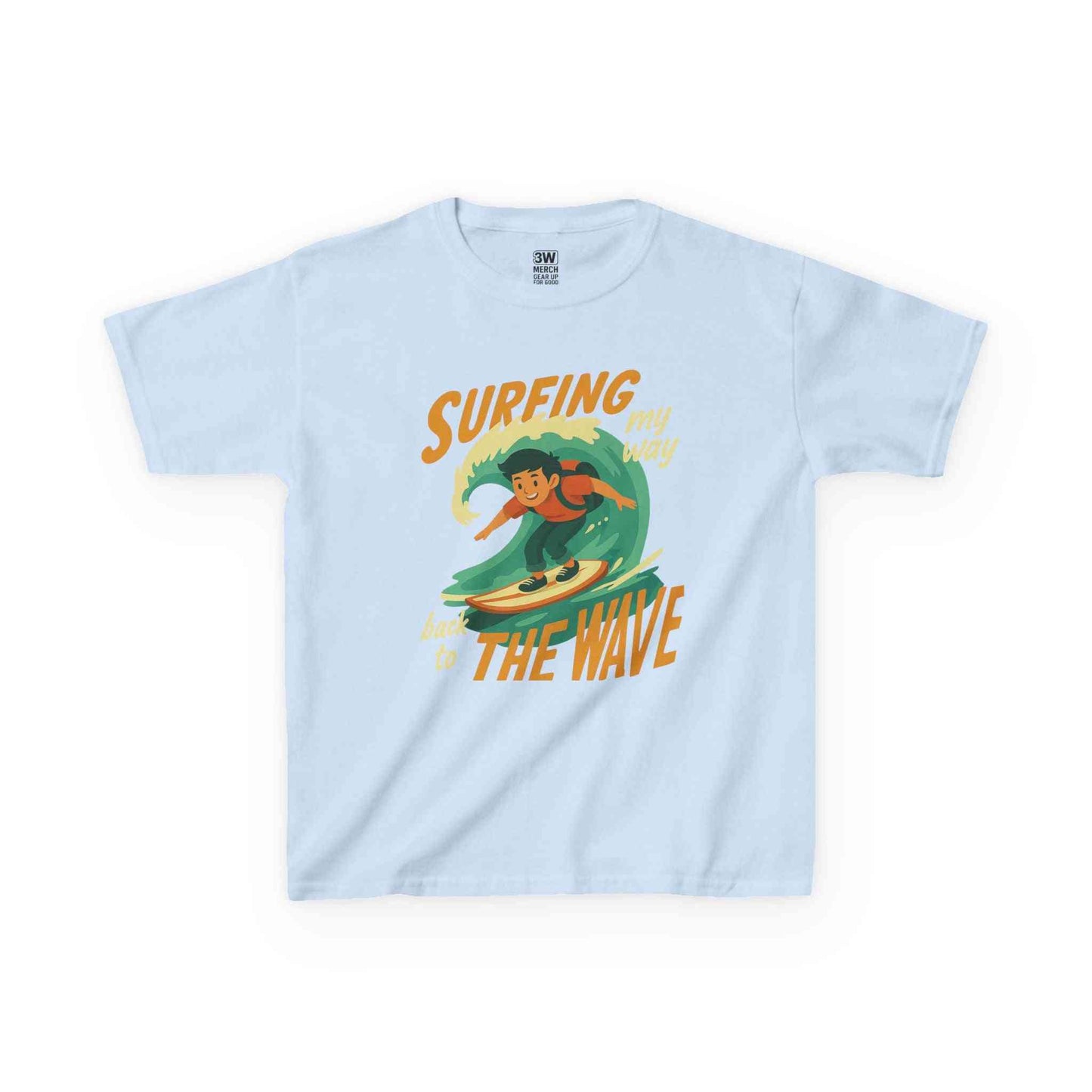 Kids Surfing The Wave T-Shirt with vintage surfer graphic and vibrant retro colors on soft cotton fabric