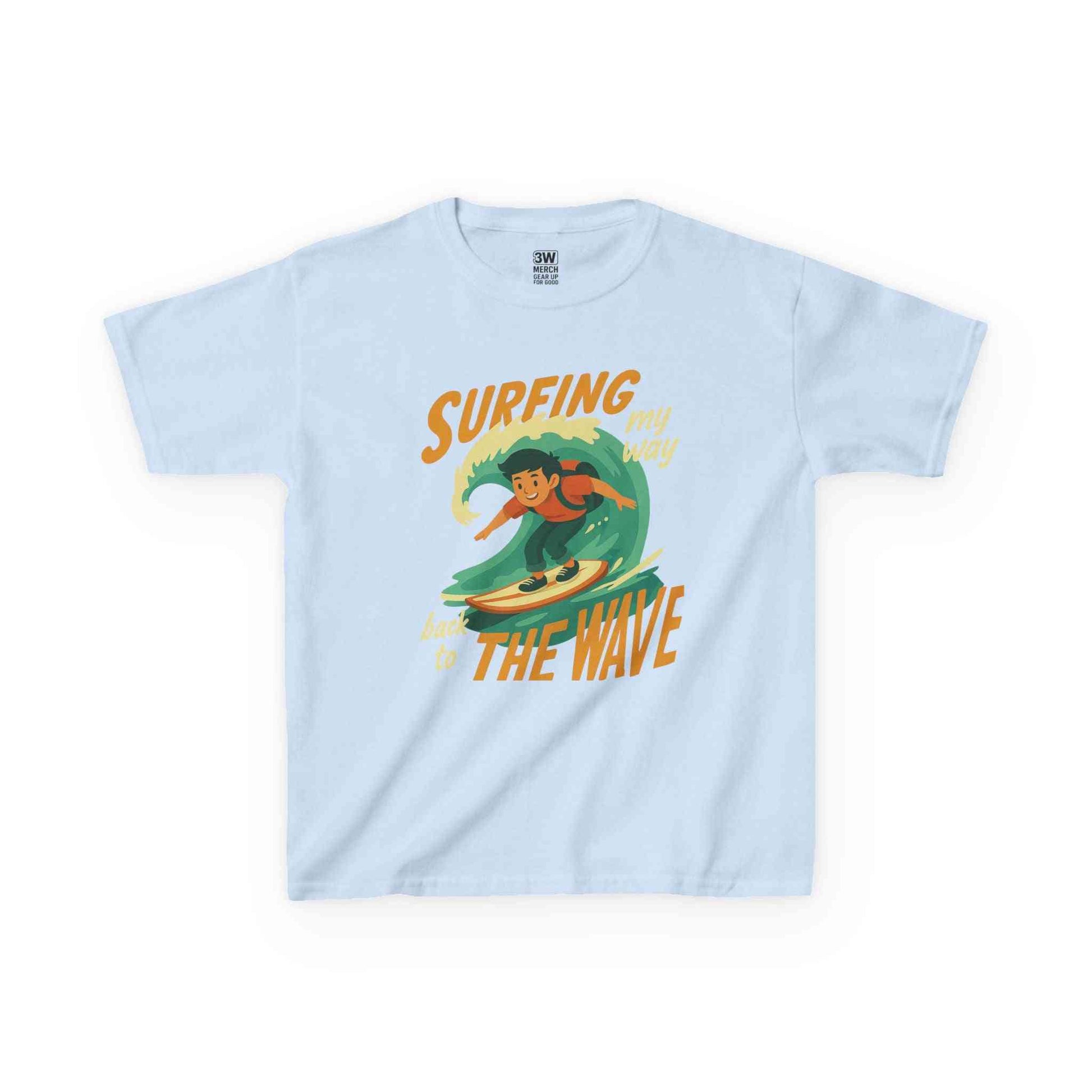 Kids Surfing The Wave T-Shirt with vintage surfer graphic and vibrant retro colors on soft cotton fabric