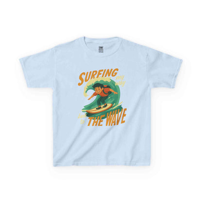 Kids Surfing The Wave T-Shirt with vintage surfer graphic and vibrant retro colors on soft cotton fabric