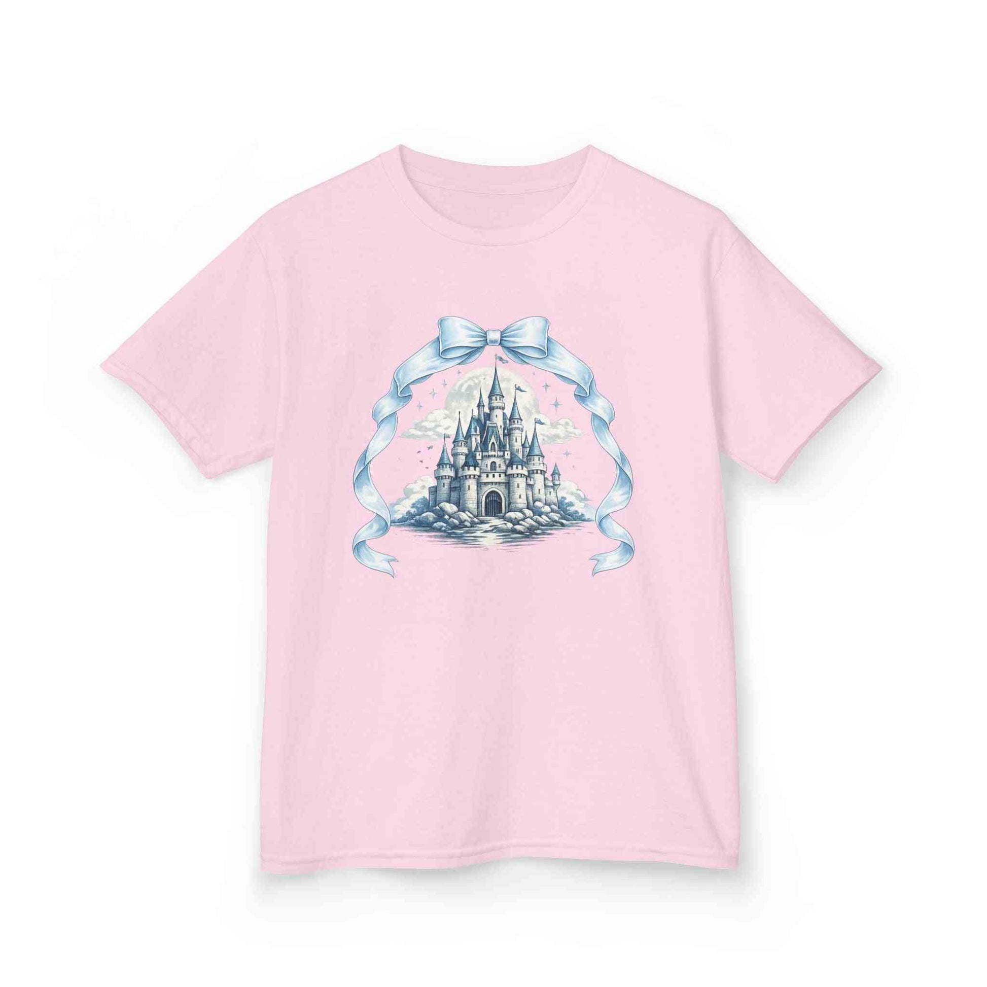 Blue Kids Castle T-shirt with whimsical fairytale design for children, soft breathable cotton perfect for Disney trips and birthdays