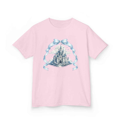 Blue Kids Castle T-shirt with whimsical fairytale design for children, soft breathable cotton perfect for Disney trips and birthdays