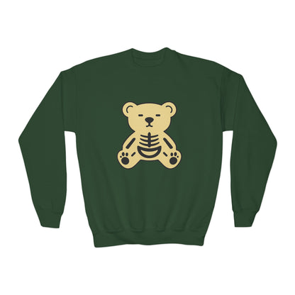 Cute Skeleton Teddy Youth Crewneck Sweatshirt, Kid's Sweatshirt, Fall Fashion, Spooky Season Gift, Halloween Apparel