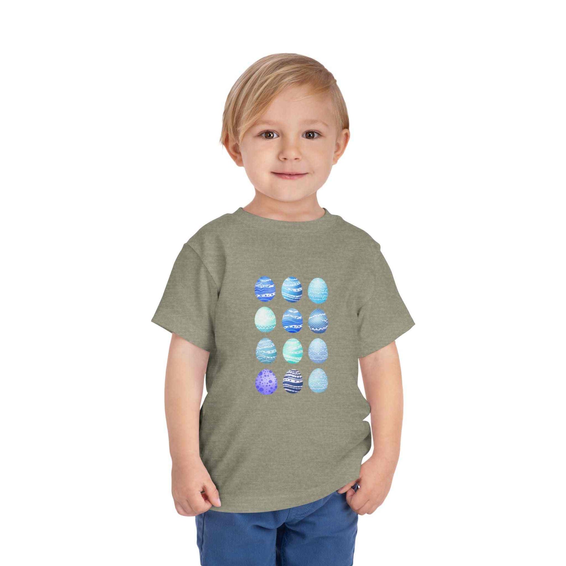 Blue toddler tee with watercolor Easter eggs graphic for boys