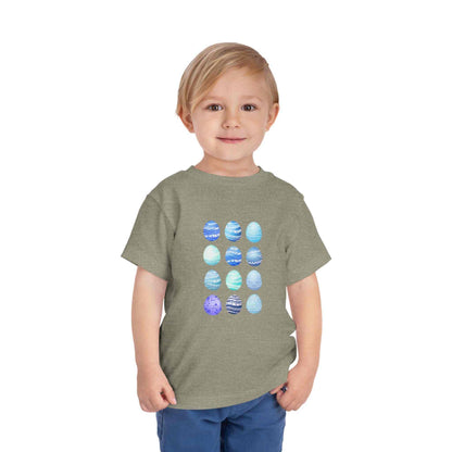 Blue toddler tee with watercolor Easter eggs graphic for boys