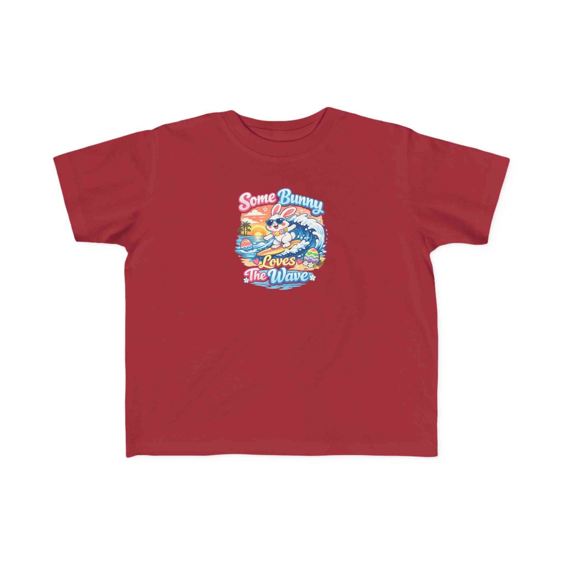 Youth girl Easter T-shirt with surfing bunny and pastel eggs, "Some Bunny Loves The Wave" design