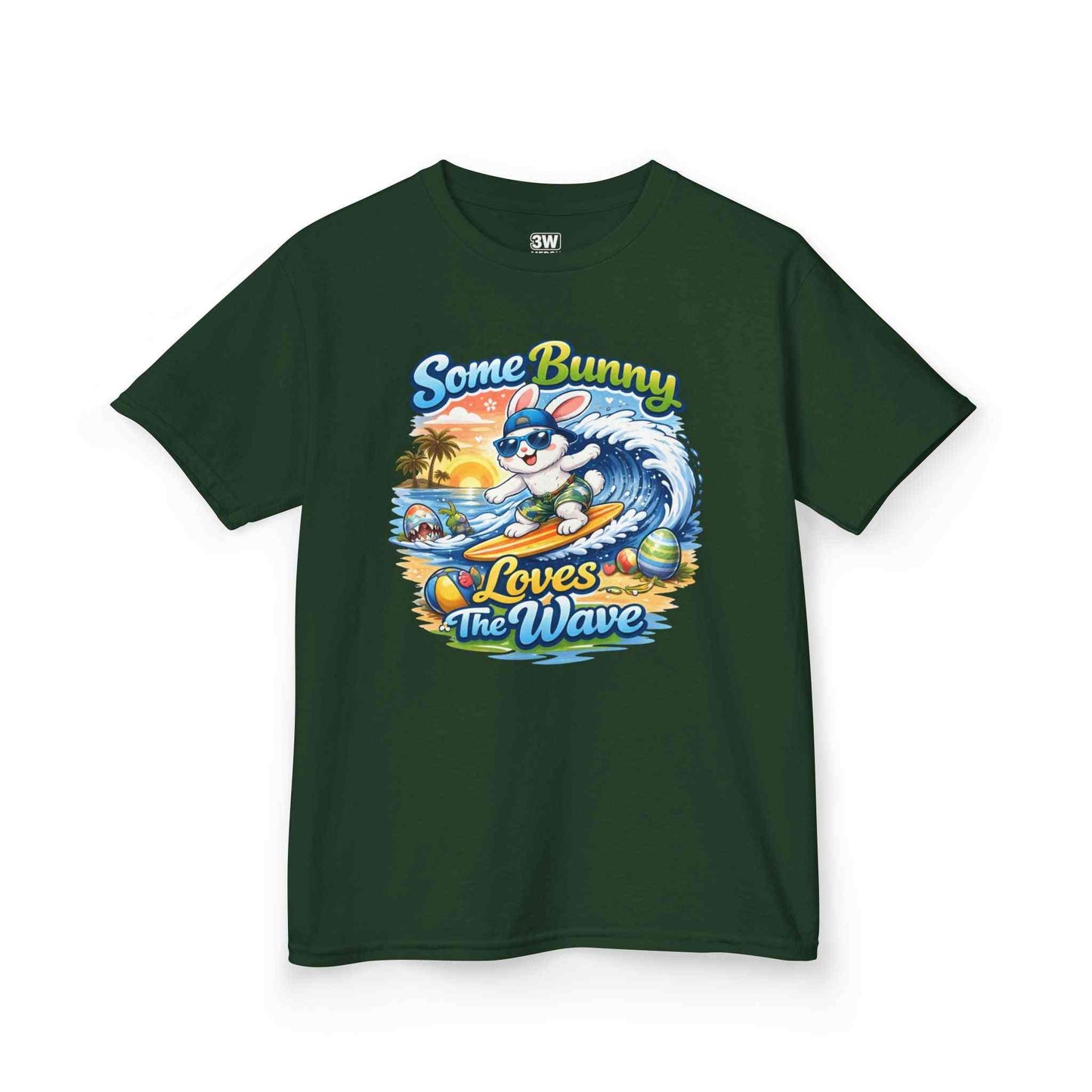 Youth boy's t-shirt featuring a cute surfing bunny with pastel Easter eggs and a sunset wave background, "Some Bunny Loves The Wave" Easter design.