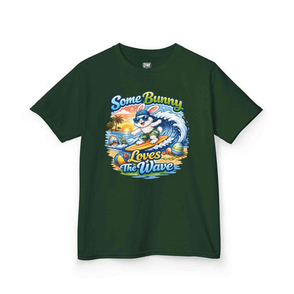 Youth boy's t-shirt featuring a cute surfing bunny with pastel Easter eggs and a sunset wave background, "Some Bunny Loves The Wave" Easter design.