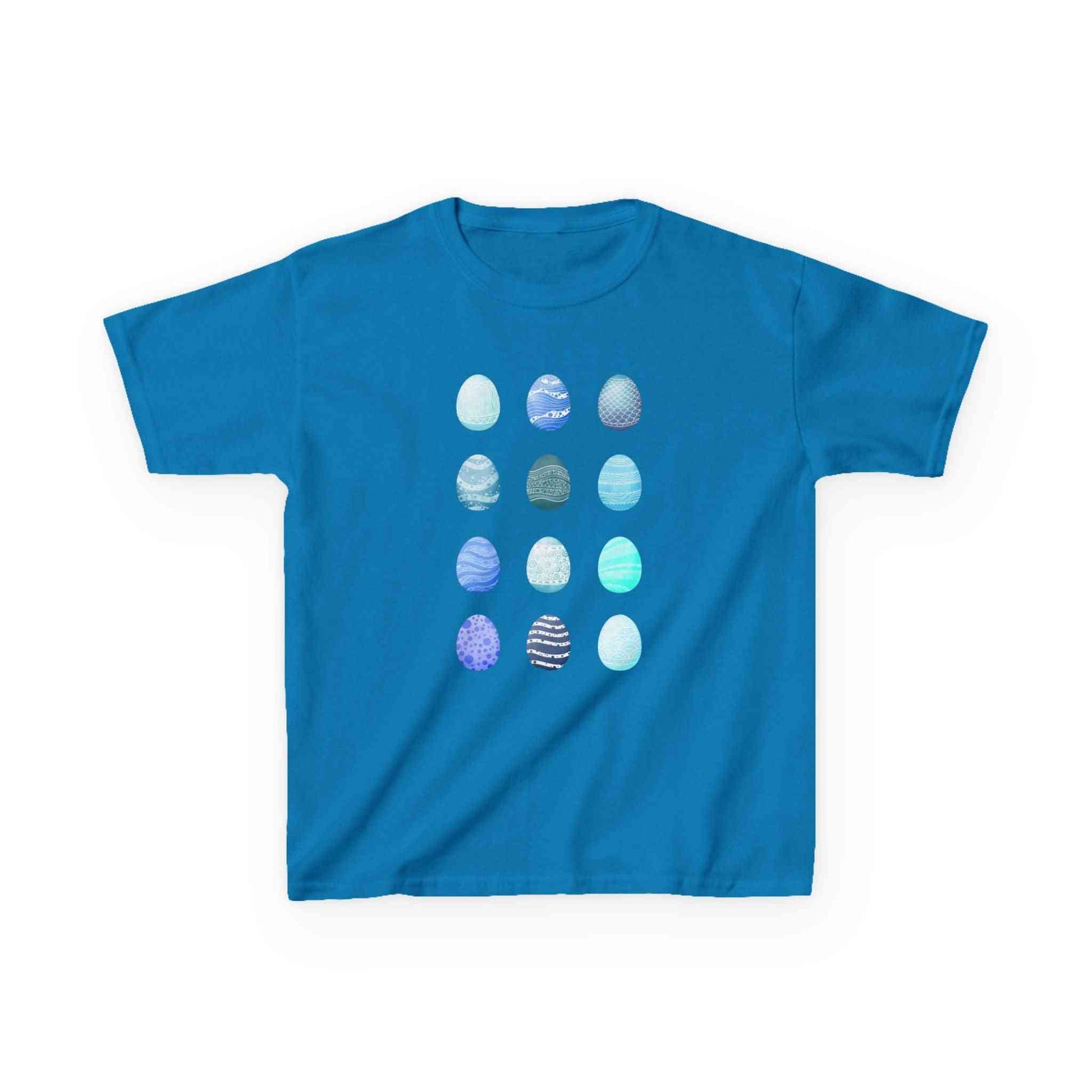 Kids cotton tee with blue watercolor egg pattern on white background