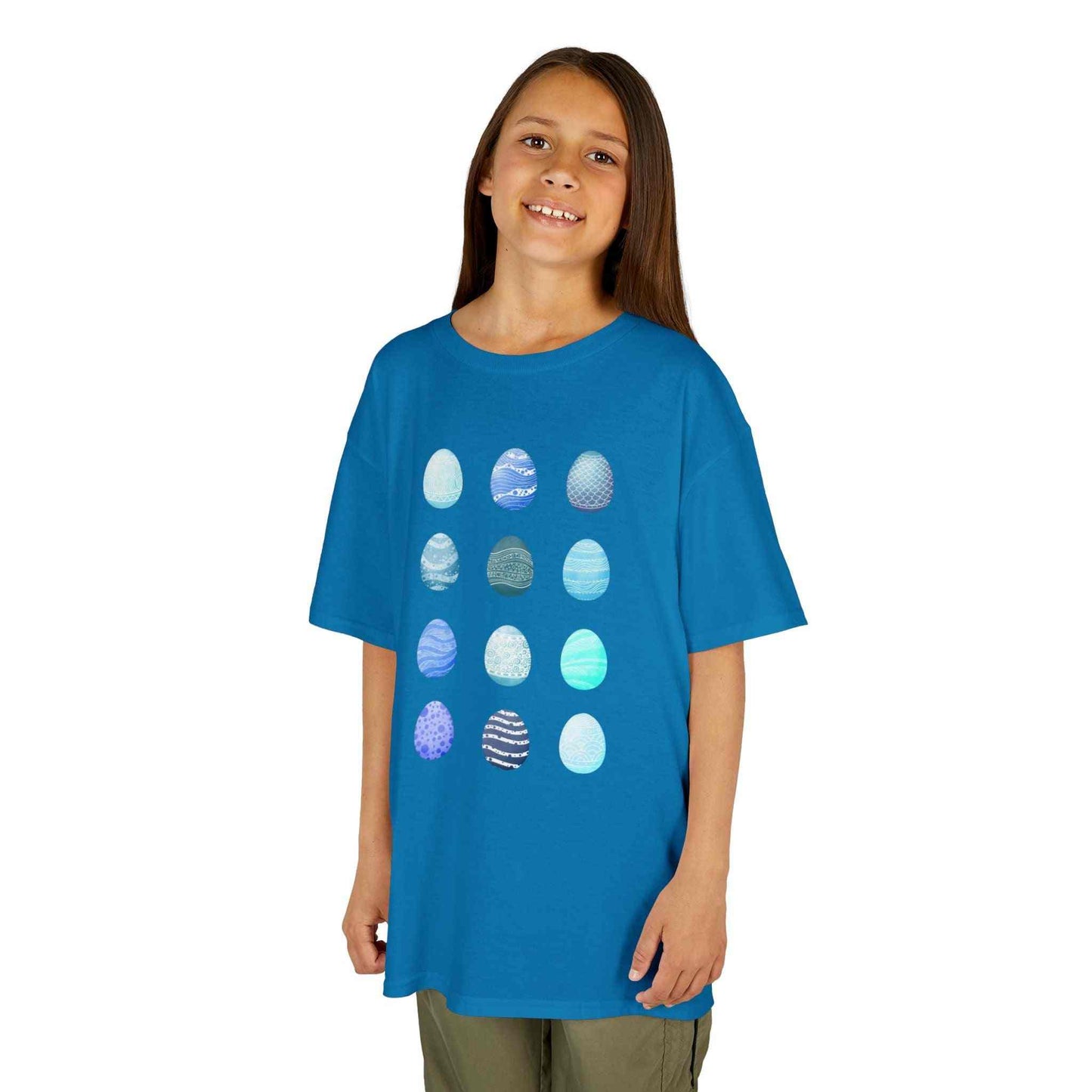 Kids tee with blue watercolor egg pattern on white cotton fabric