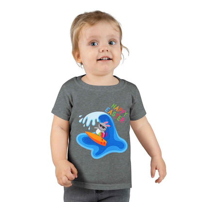 Toddler Happy Easter Surf Bunny Shirt with beach bunny graphic on blue tee