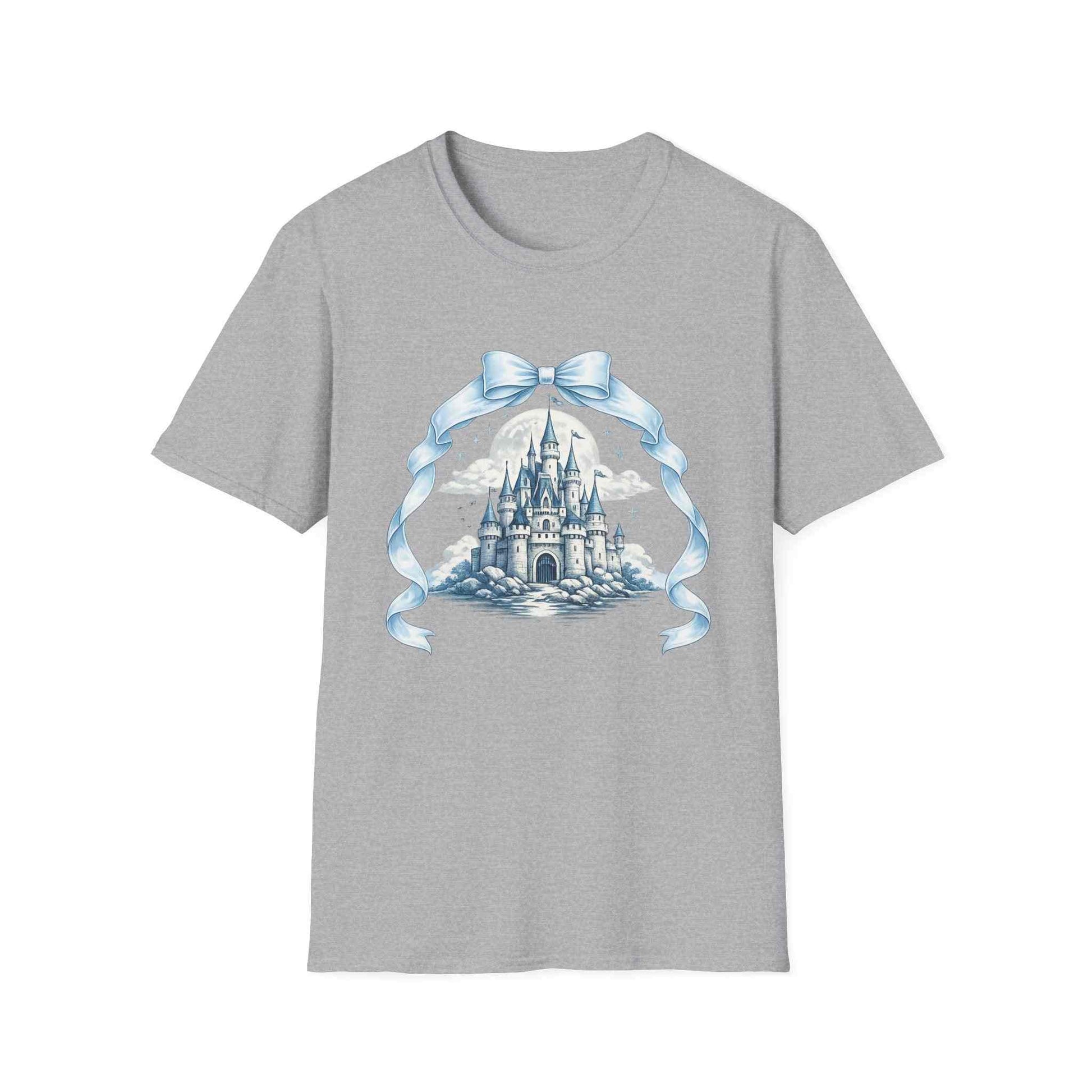 Blue ribbon framed castle illustration on soft blue Castle Illustration T-Shirt