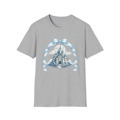 Blue ribbon framed castle illustration on soft blue Castle Illustration T-Shirt