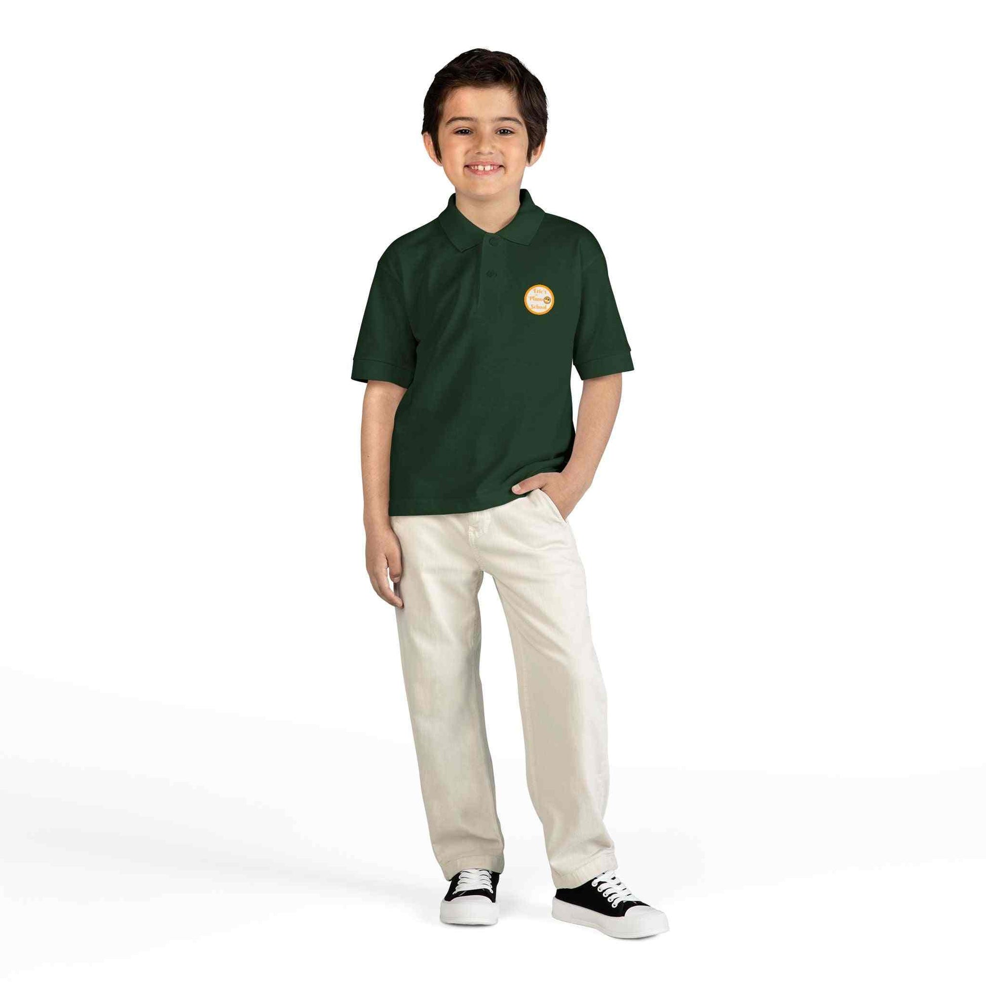 Youth polo shirt with gold Eric's Piano School logo for kids music lessons