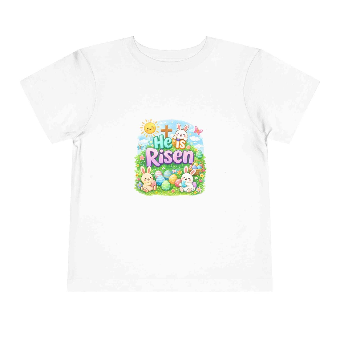 He Is Risen Toddler Tee with Easter bunny, cross, and pastel eggs design on lightweight cotton shirt