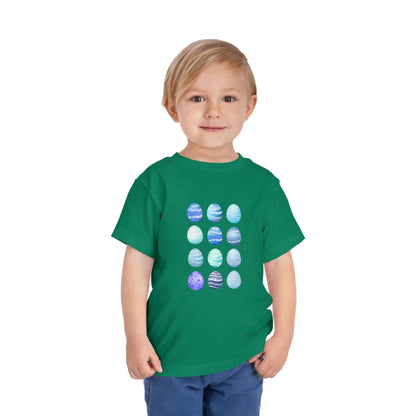 Blue toddler tee with watercolor Easter eggs graphic for boys